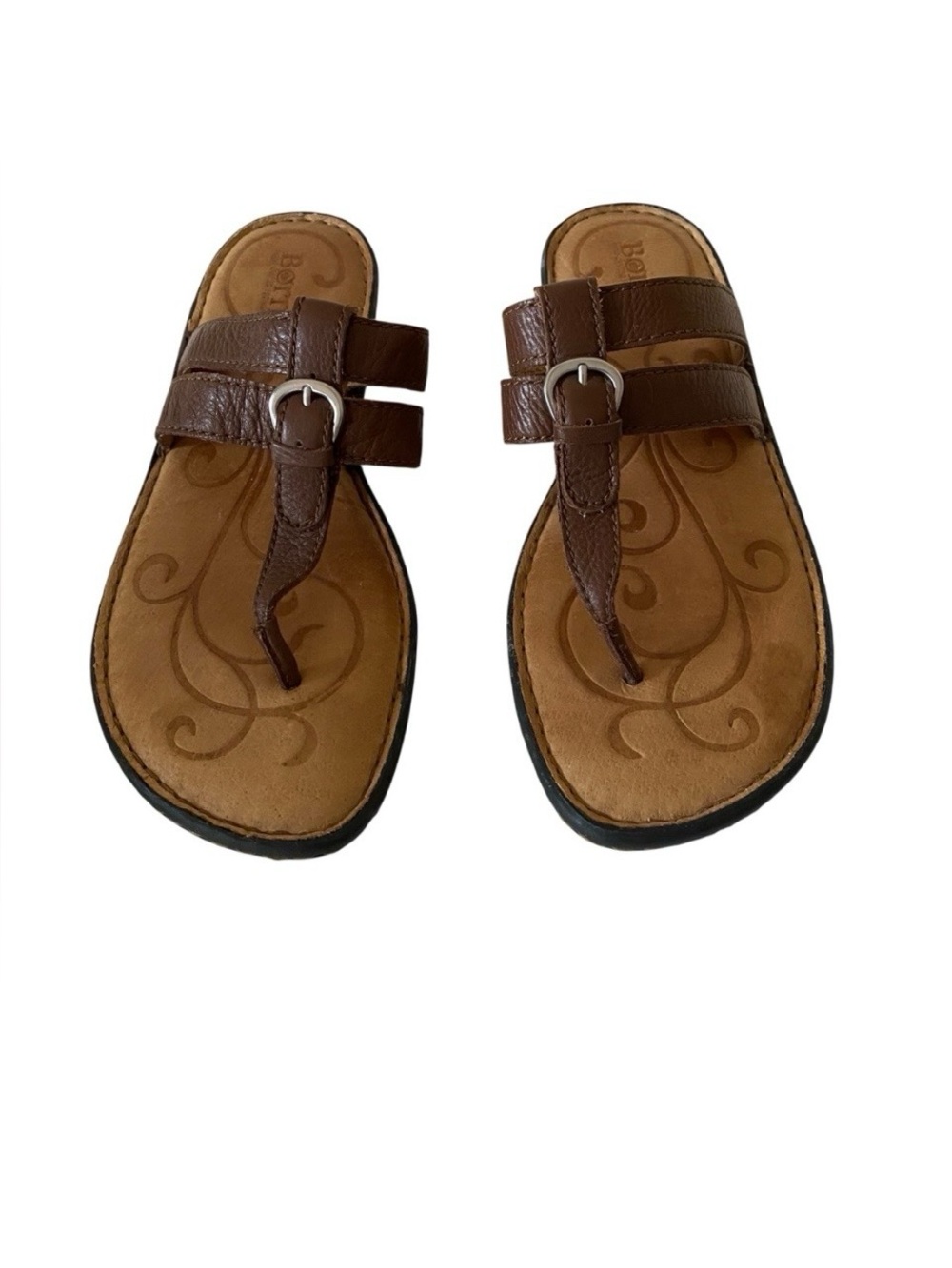 Born Brown Leather Double Strap Thong Flat Cushioned Sandals Sz 10 / 42